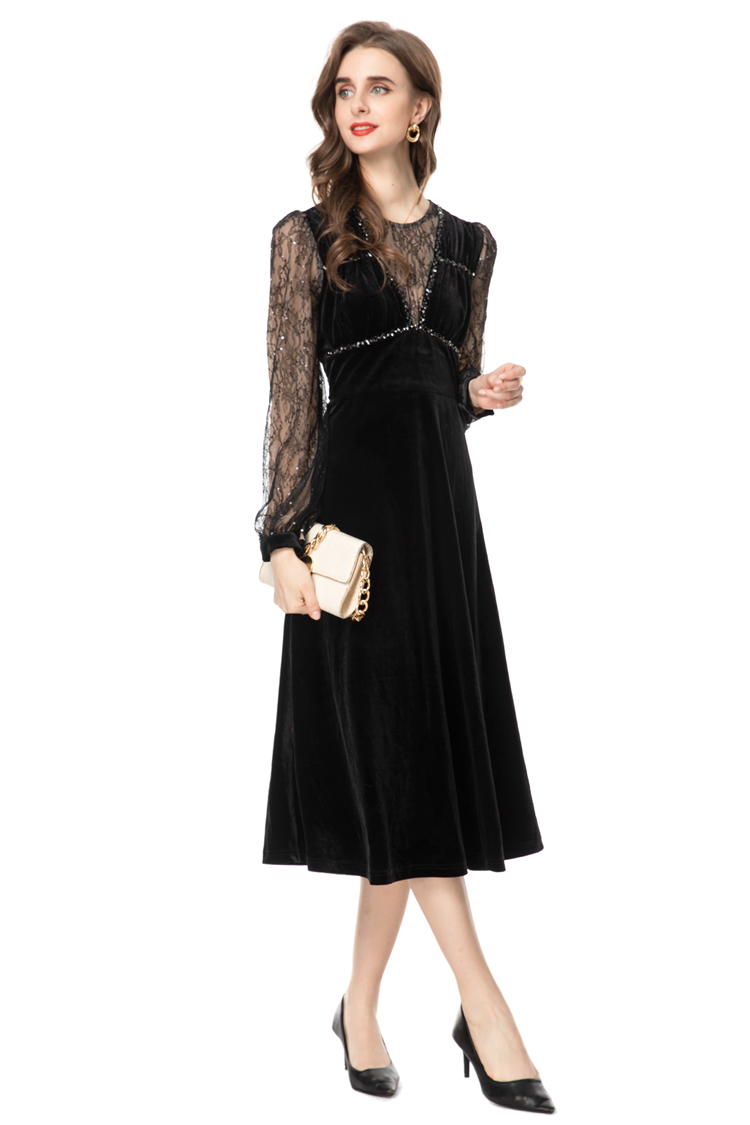 Women's Runway Dresses V Neck 3/4 Long Sleeves Lace Velvet Patchwork Beaded Fashion Designer Mid Vestidos