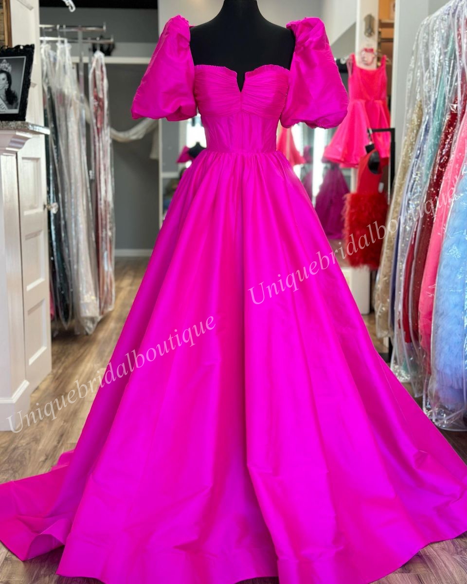 Vestido de fiesta rosa caramelo 2k24 Mangas casquillo Tafetán fucsia Vestido de desfile para dama preadolescente Noche formal Cóctel Invitado a la boda Capeta roja Pasarela Gala Corbata negra con lazo en la espalda