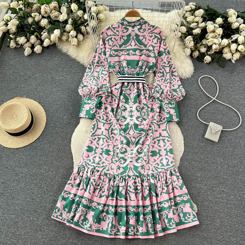 Casual Dresses Bohemain Style Long Dress Women's Stand Collar Lantern Sleeve Ruffles Hem Geometric Printing Sashes Maxi Party Vestidos 2023