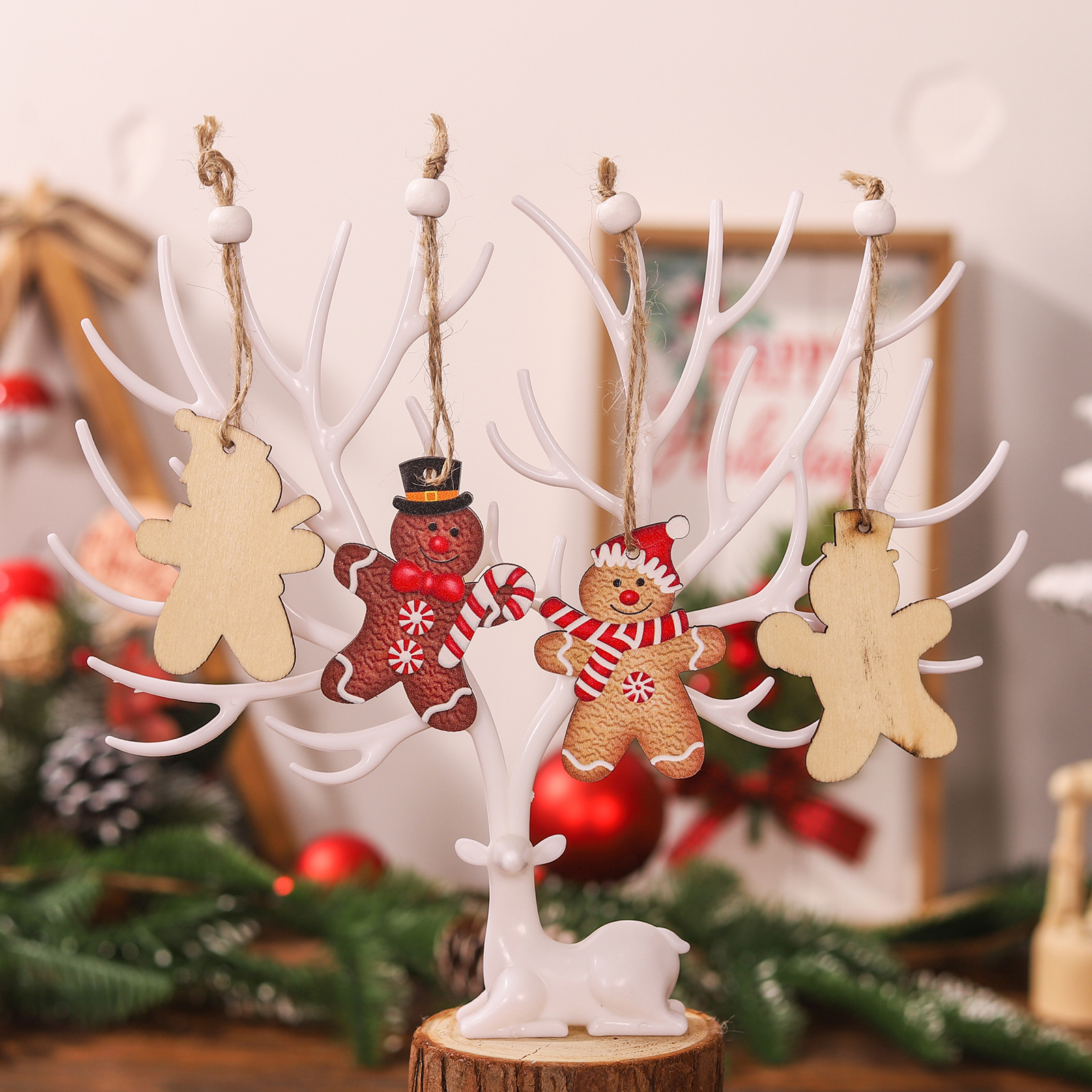 Ornements bonhomme en pain d'épice en bois, avec boîte-cadeau, Figurines assorties en pain d'épice pour décorations suspendues d'arbre de noël, 12 pièces/ensemble