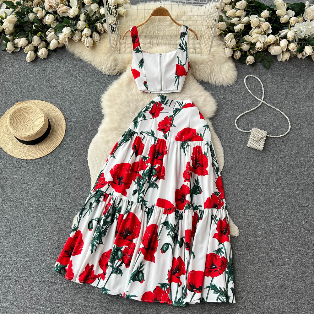 Two Piece Dress Summer Runway Sicily Floral Matching Outfits Women