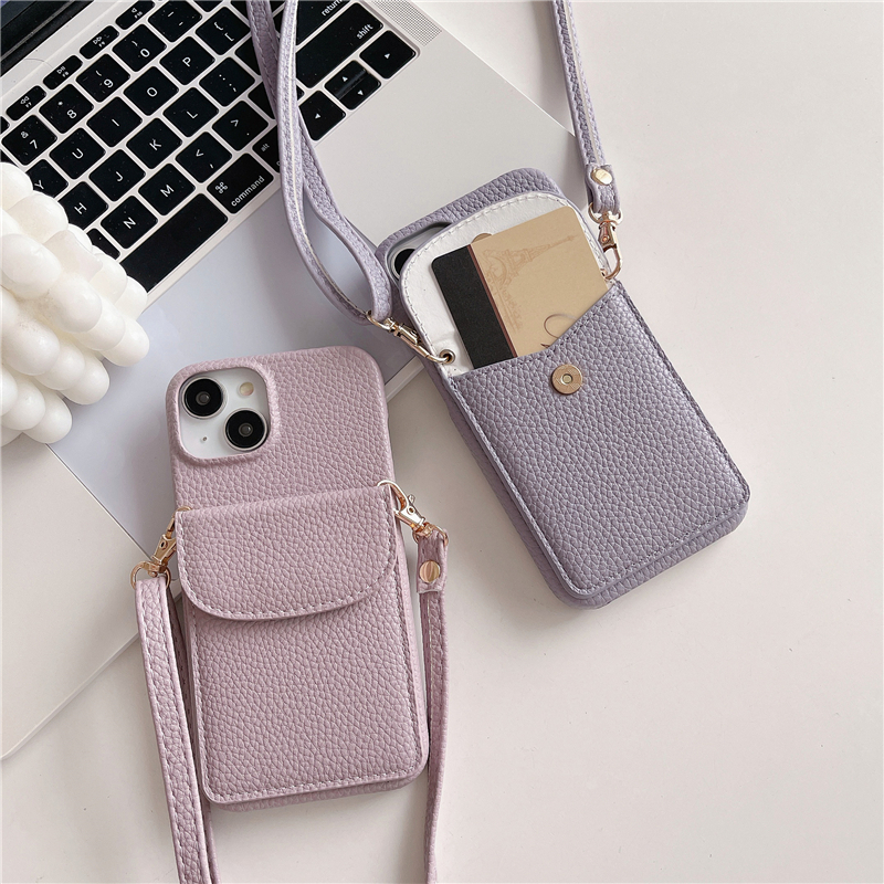 Crossbody Lychee Print Vogue Phone Case for iPhone 14 13 12 11 Pro Max Samsung Galaxy S23 Ultra S22 Plus 5G A54 Adjustable Lanyard Card Slot Solid Leather Wallet Shell