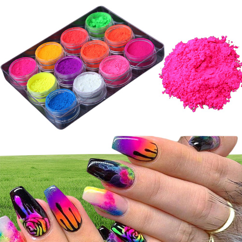 12 Boxesset Fluorenszenz Nägel Pulver farbenfrohe Glitzern Nagelpulver Sommerflocken Staub Nagelkunst Dekorationen3910514