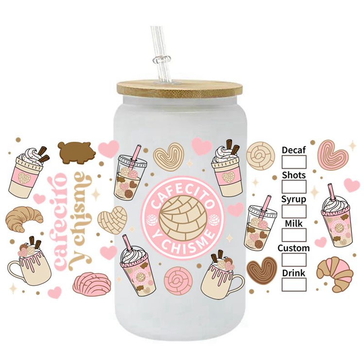 UV DTF Transfer för libbey can Glass Cup Coffee Cups Wrap 16oz Cold Transfer Printing Anpassad etikettklistermärke Dekal Tecknad Make Up Feel 1000 mönster för att välja DHL