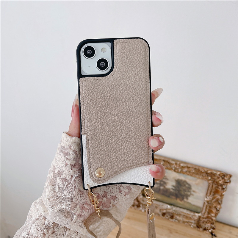 Crossbody Chain Lychee Pattern Vogue Phone Case for iPhone 14 13 12 11 Pro Max XR XS Durable Adjustable Lanyard Card Slot Patchwork Leather Wallet Clutch Back Cover