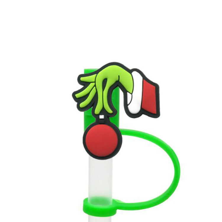 Nouvelle série de dessins animés de noël, breloques en paille, bouchon anti-poussière en silicone vert, pailles de fête mignonnes, cadeau de décoration