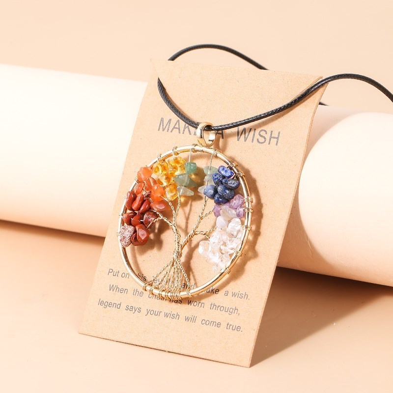 7 Chakras Tree Of Life Pendant Necklace Gold Color Wisdom Natural Crystal Chip Beads Handmade Rope Jewelry Gift