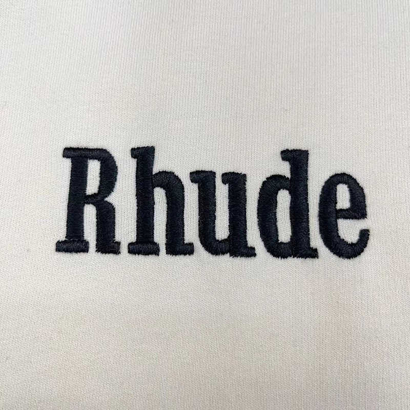 Herr t-shirts högkvalitativ tunga tyg streetwear rhude t shirt män kvinnor 1 1 bomull klassiker broderad rhude lapptäck lapel topp tee