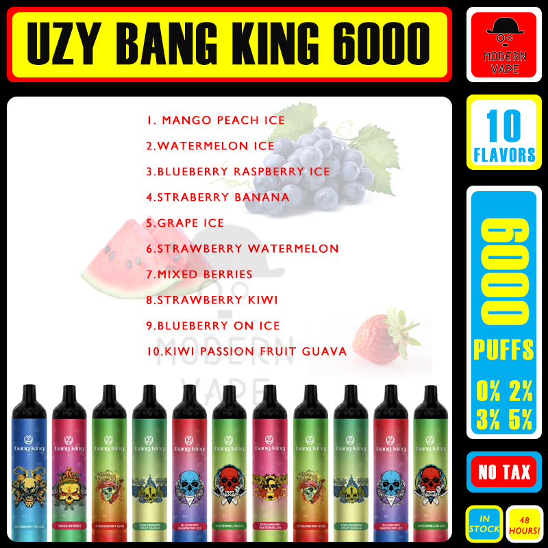 Original UZY Bang King 6000 Puff Jetable E Cigarettes 0.8ohm Mesh Coil 14ml Pod Batterie Rechargeable Électronique Cigs Puff 6K 0% 2% 3% 5% Vape Pen Kit 10 saveurs en stock