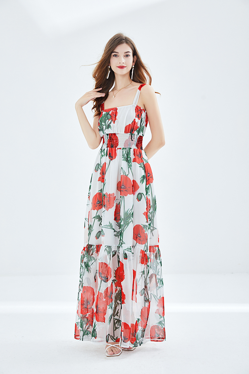 2023 Casual Dresses Summer Runway Sexy Beach Backless Dress Women's Spaghetti Strap Red Flower Print Waist Elastic Camisole Party Vestidos
