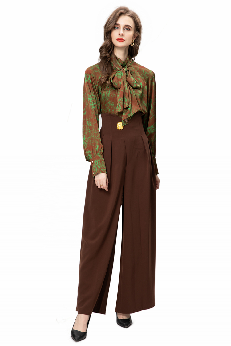 Conjunto de pantalones de tres piezas para mujer, camisa estampada con cuello de lazo y pantalón largo suelto, Twinset de moda