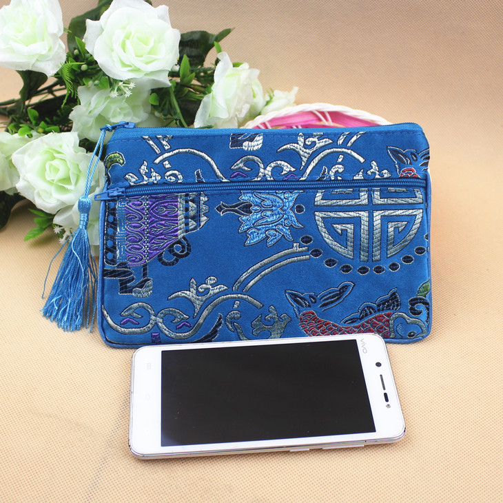 Custom Double Zipper Pouch Jewelry Makeup Stoage Bags for Travel Chinese Silk Brocade Purses Cell Phone Cloth Pouch Whole 272P