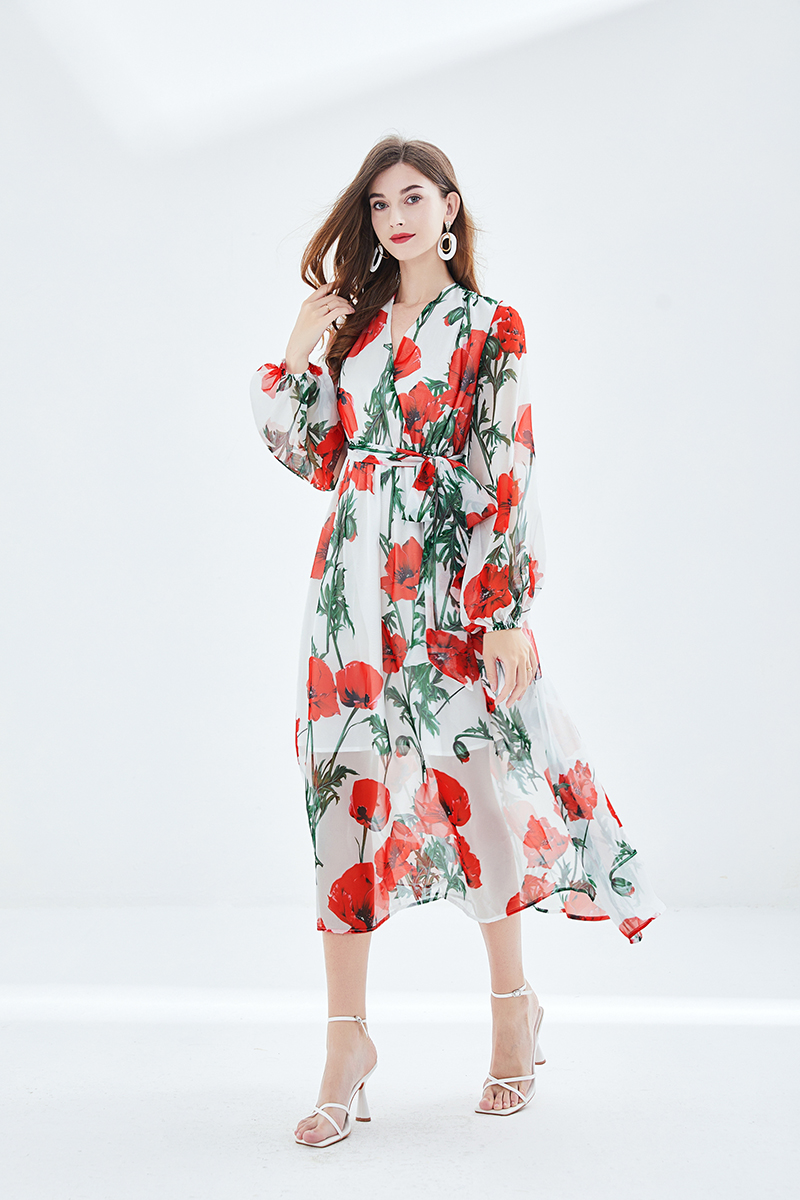 2023 Casual Dresses Spring Summer Runway Rose Flower Print Maxi Dress Women's V-Neck Long Sleeve Lace Up Belt Big Swing Slim Chiffon Dress
