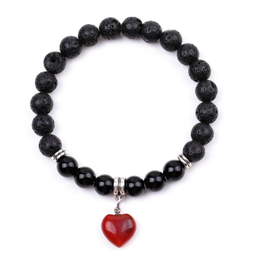 Black Lava Stone Beads Armband Natural Stone Rose Quartz Tiger's Eye Agate Heart Armband Stretch Smycken för kvinnor