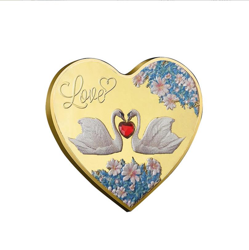 Arts and Crafts Love Swan Romantic Commemorative Medallion Pure Love Flower Diamond Heart Metal commemorative coin
