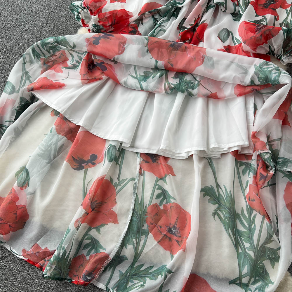 2023 Casual Dresses Spring Summer Runway Rose Flower Print Maxi Dress Women's V-Neck Long Sleeve Lace Up Belt Big Swing Slim Chiffon Dress