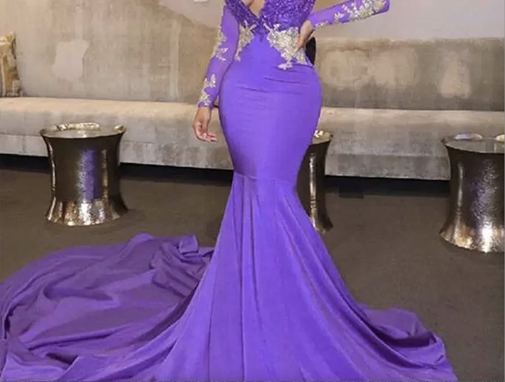 Africa Black Girl Purple Prom Dresses 2023 Sexy scollo a V profondo con perline in pizzo Appliques abito da sera maniche lunghe abito da festa formale