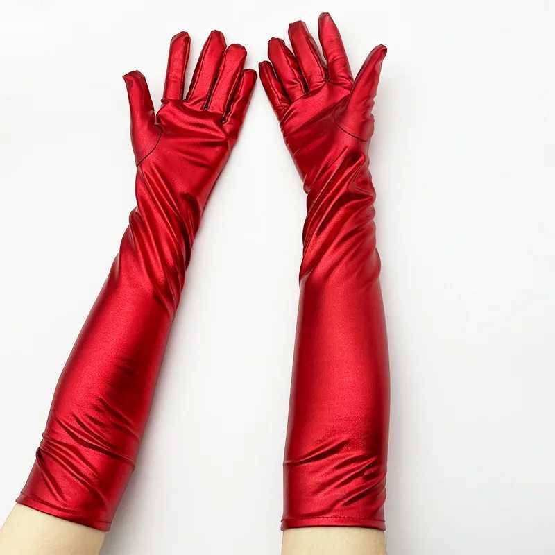 Fingerless Gloves Gold Silver Wet Look Fake Leather Metallic Gloves Evening Party Performance Mittens Women Sexig armbågslängd Lång latexhandskar231017