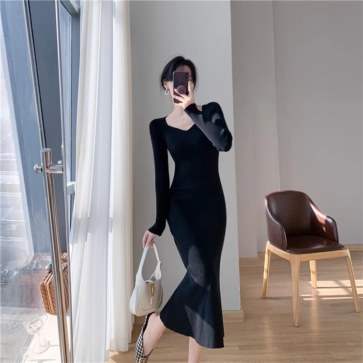 Women's Square Collar Long Sleeve Sticked Sexy Bodycon Tunic Mermaid Midi Long Sweater Dress SMLXL