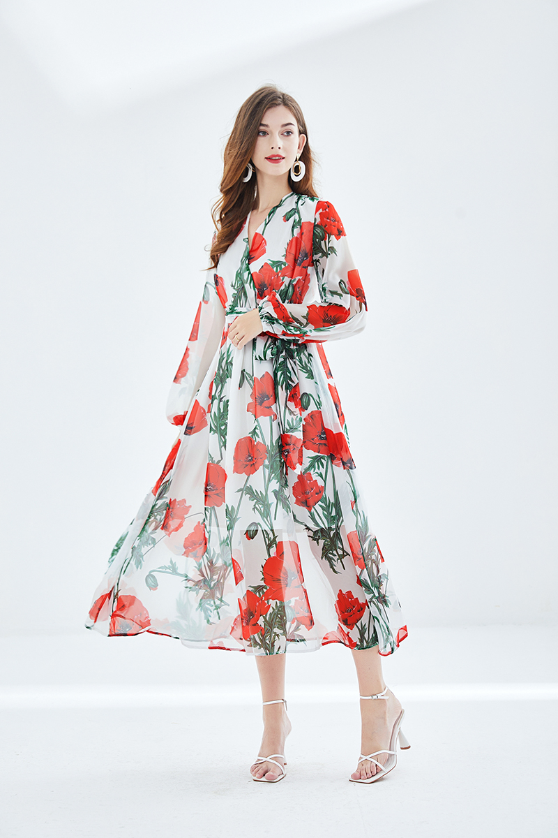 2023 Casual Dresses Spring Summer Runway Rose Flower Print Maxi Dress Women's V-Neck Long Sleeve Lace Up Belt Big Swing Slim Chiffon Dress