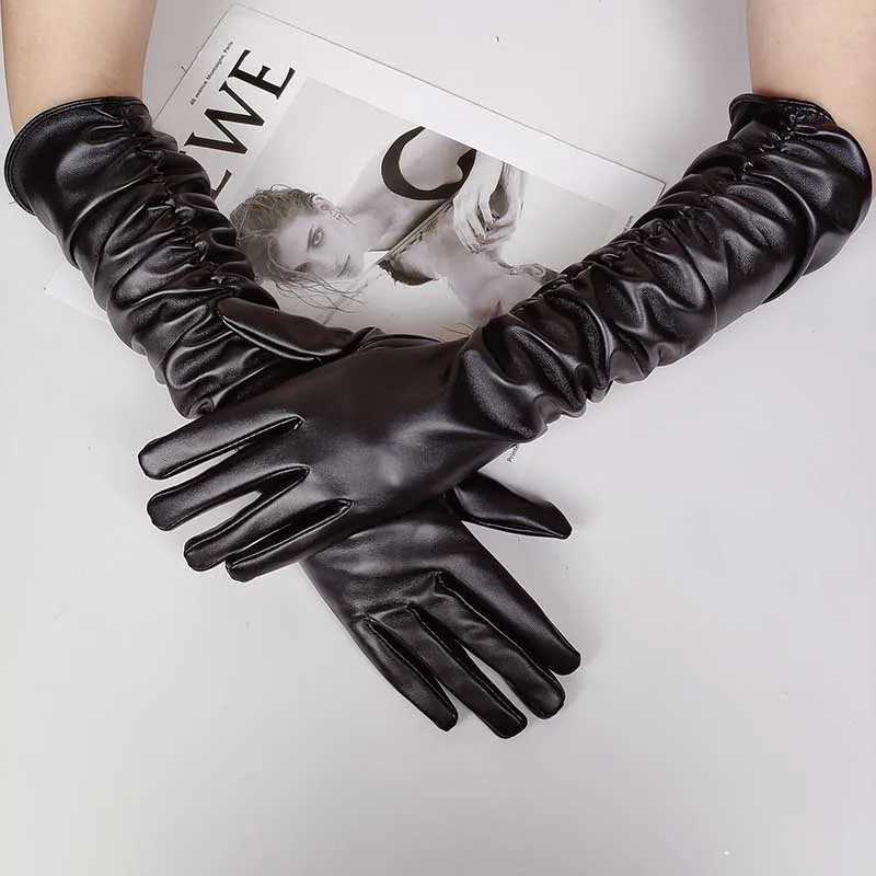 Fingerlösa handskar vinter kvinnor pu läder veckad höghylsa pekskärmhandskar sexiga siden foder 50 cm lång full finger varm körningsmitten k52l231017