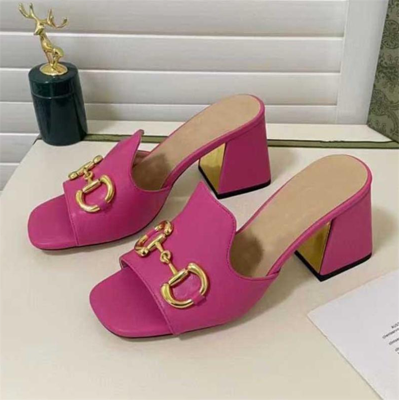 Designer thick heel slippers Women's fashion high heels place Toe Slippers Horse Bitt multi-color sandals summer beach outdoor slides party wedding casual shoes