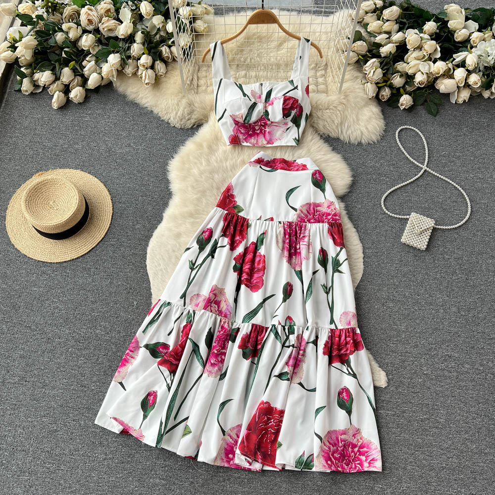 Two Piece Dress Summer Runway Sicily Floral Matching Outfits Women`s Short Spaghetti Strap Crop Top Long Maxi Vacation Skirt Set 2023