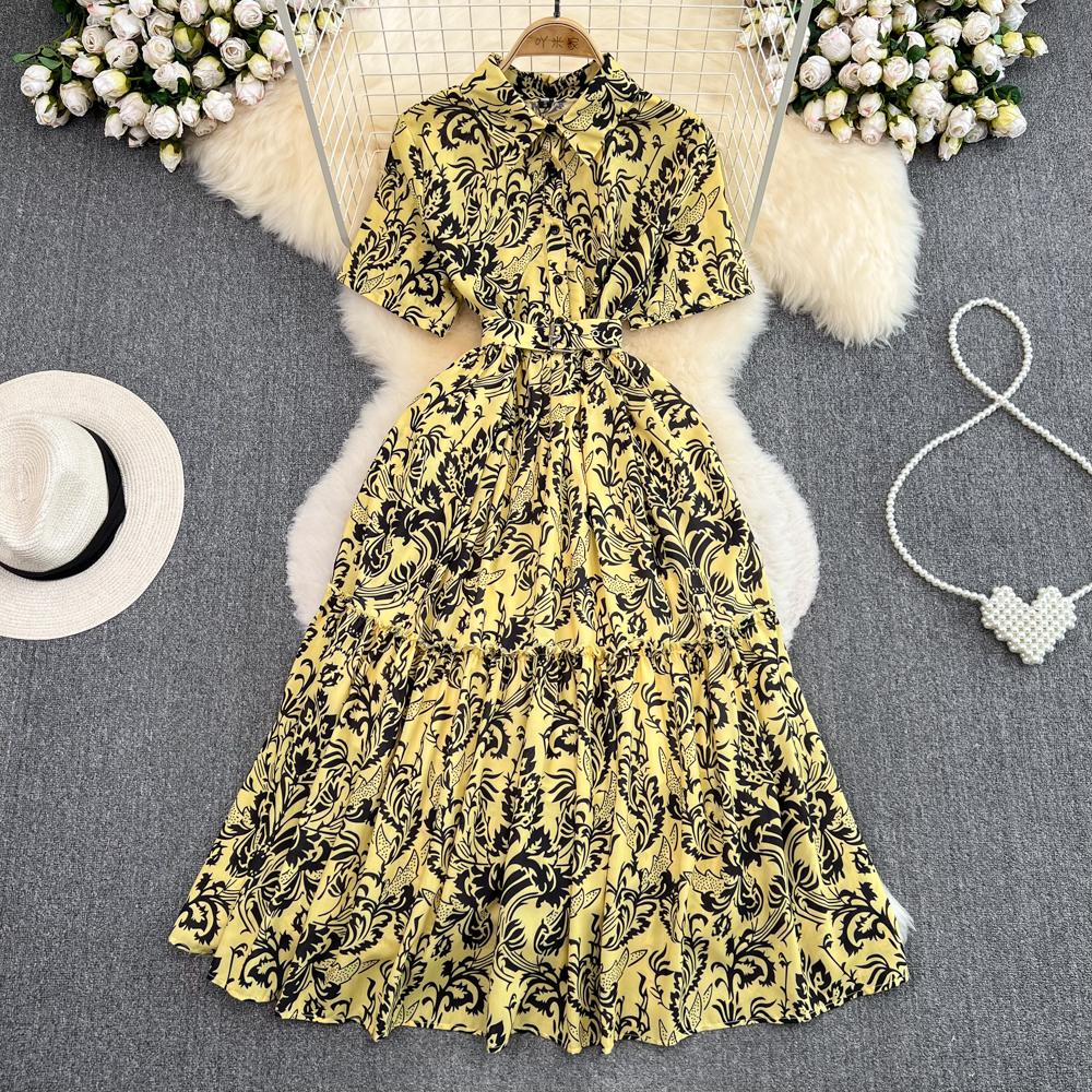 2023 Casual Dresses Summer Fashion Designer Runway Vintage Dress Women Lapel Short Sleeve Black Flower Print Lace Up Belt Pleated Vestidos