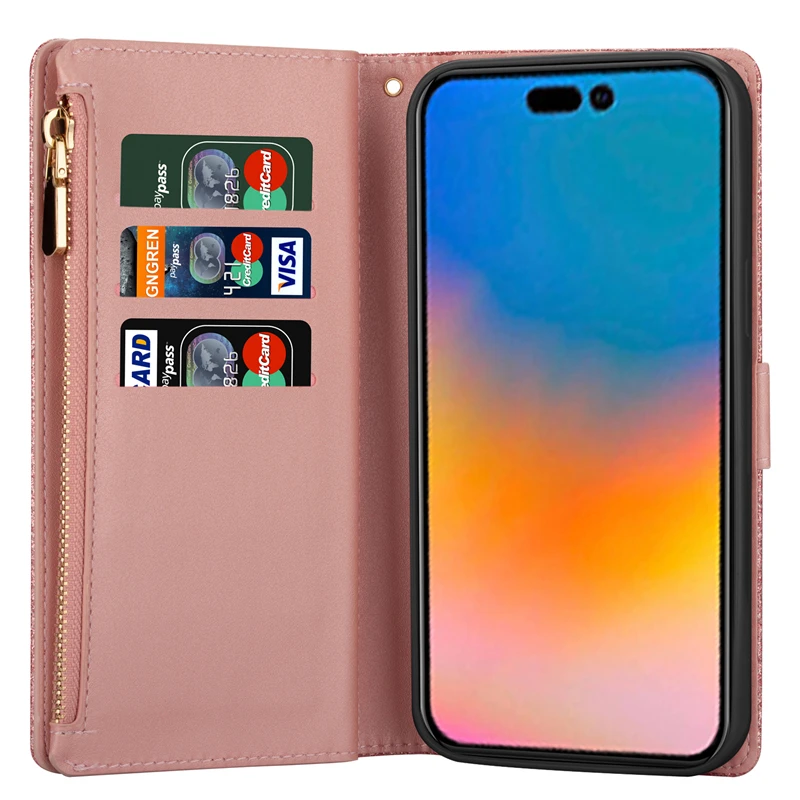 Custodia in pelle di lusso con cerniera magnetica iPhone 15 14 11 13 12 Pro Max 14Plus 13 12 Mini XS Max XR Borsa a portafoglio Porta carte Custodia telefono Bling