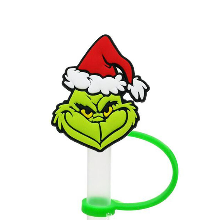 Nouvelle série de dessins animés de noël, breloques en paille, bouchon anti-poussière en silicone vert, pailles de fête mignonnes, cadeau de décoration