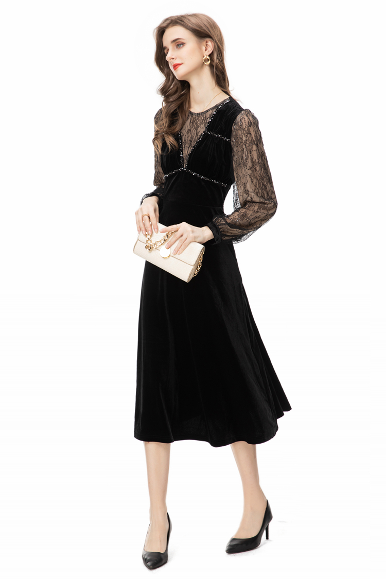 Women's Runway Dresses V Neck 3/4 Long Sleeves Lace Velvet Patchwork Beaded Fashion Designer Mid Vestidos