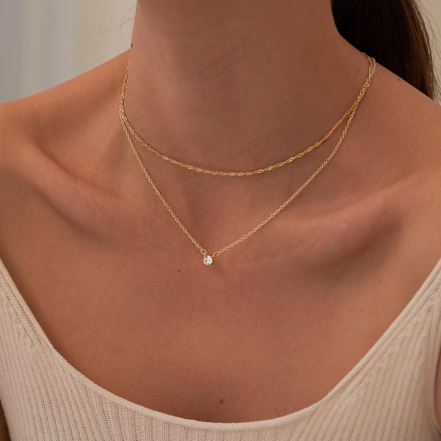 Diamond Necklaces for Women Dainty 14k Gold Plated Long Lariat Necklace Simple Gold CZ Diamond Choker Trendy Jewelry Gifts for Girls