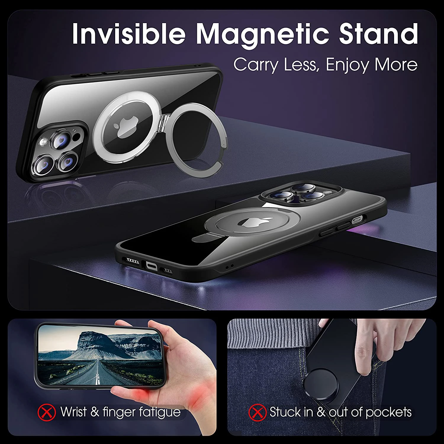 Étuis de téléphone portable avec support magnétique invisible pour iPhone 11 12 13 14 15 Pro Max, produits de livraison directe, couverture mate translucide 2023