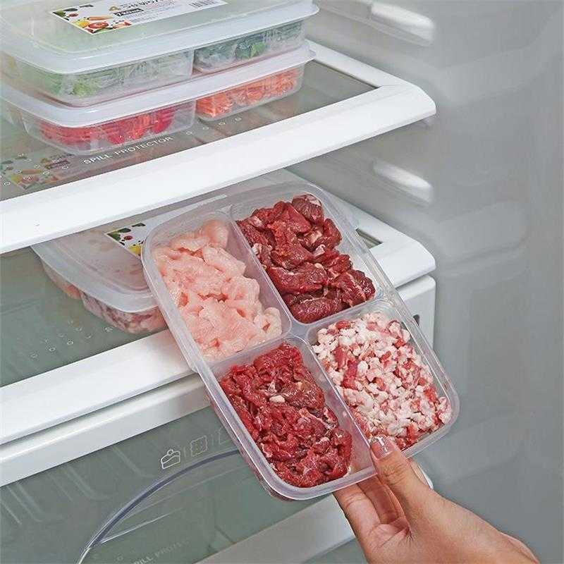 New 4 Grids Food Preparation Storage Box Compartment Refrigerator Freezer Organizers Sub-Packed Meat Onion Ginger Dishes Crisper