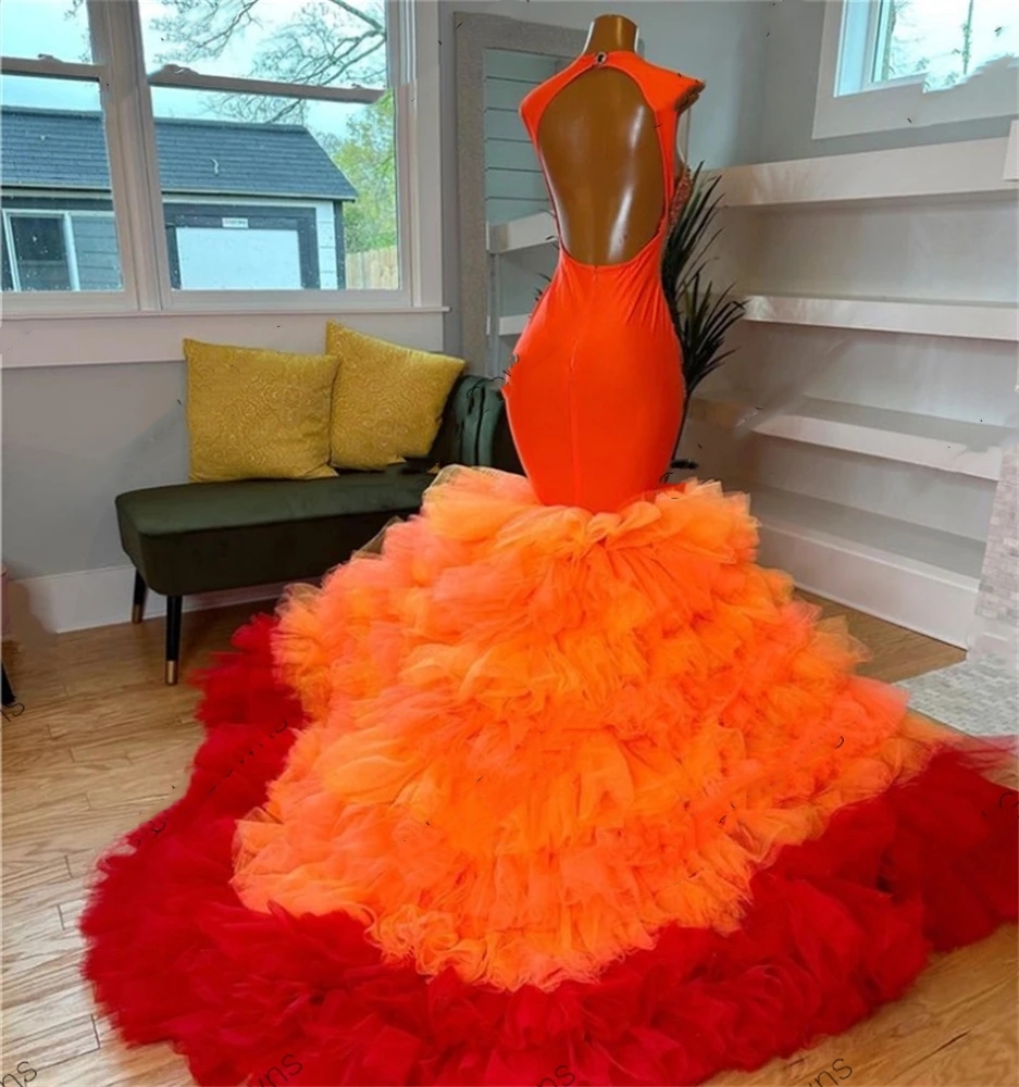 Orange O Neck Evening Dress For Black Girls Birthday Party Dresses Beaded Crystal Ruffles Prom Gowns Tiered Mermaid Robe De Bal