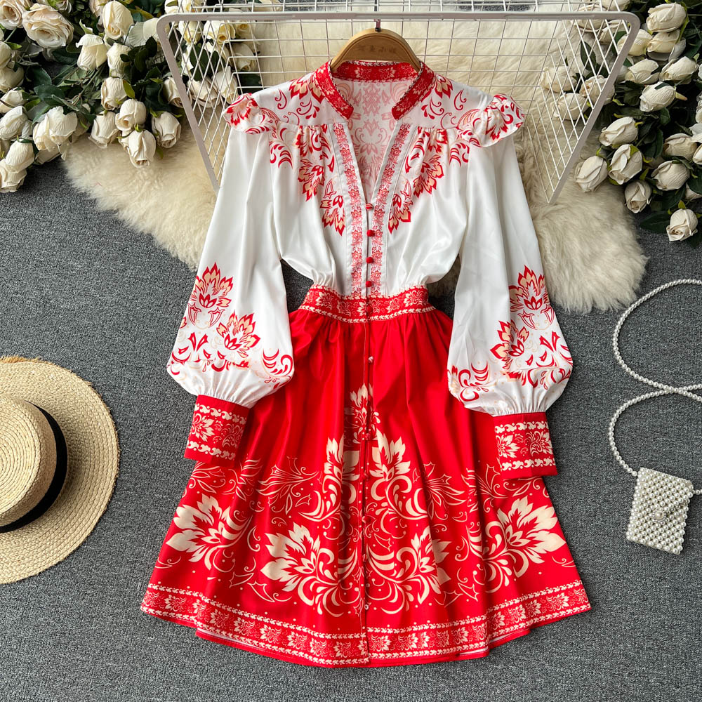 2023 Casual Dresses Women Fashion Paisley Floral Print High Waist Mini Dress Female V-Neck Lantern Sleeve Chic Casual A-line Boho Beach Dress