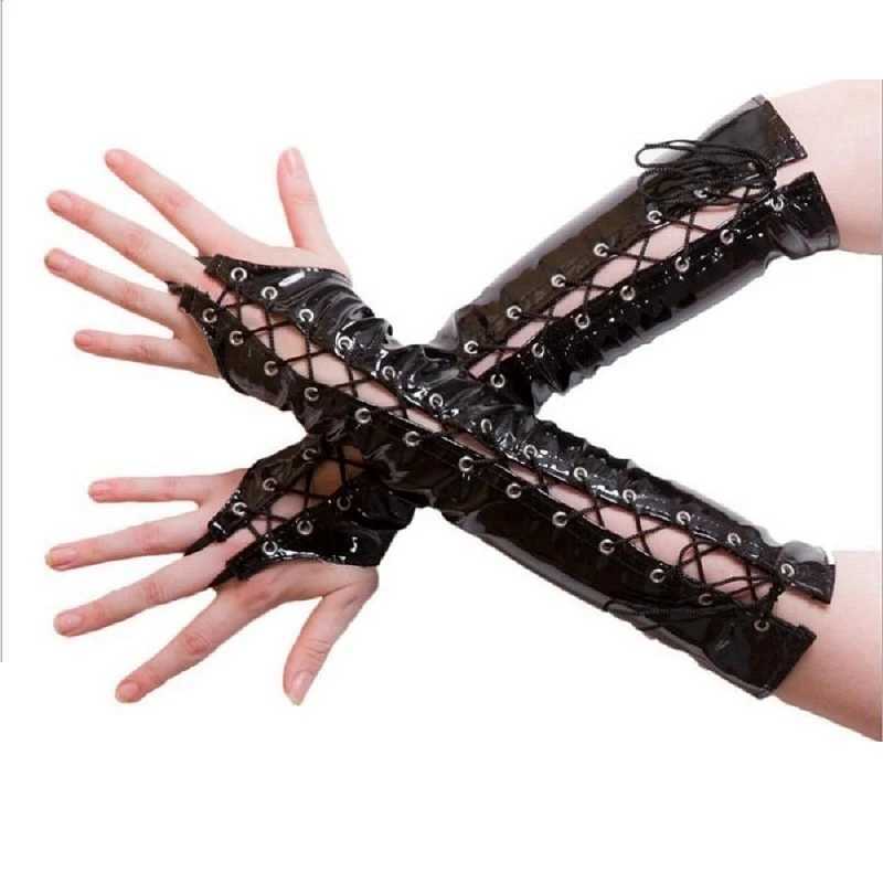 Fingerlose Handschuhe Sexy Lange PVC Frauen Schwarz Rot Handschuhe Damen Fetisch Kunstleder Schwarz Bandage Handschuhe Clubwear Sexy Cosplay Kostüme NachtclubL231017