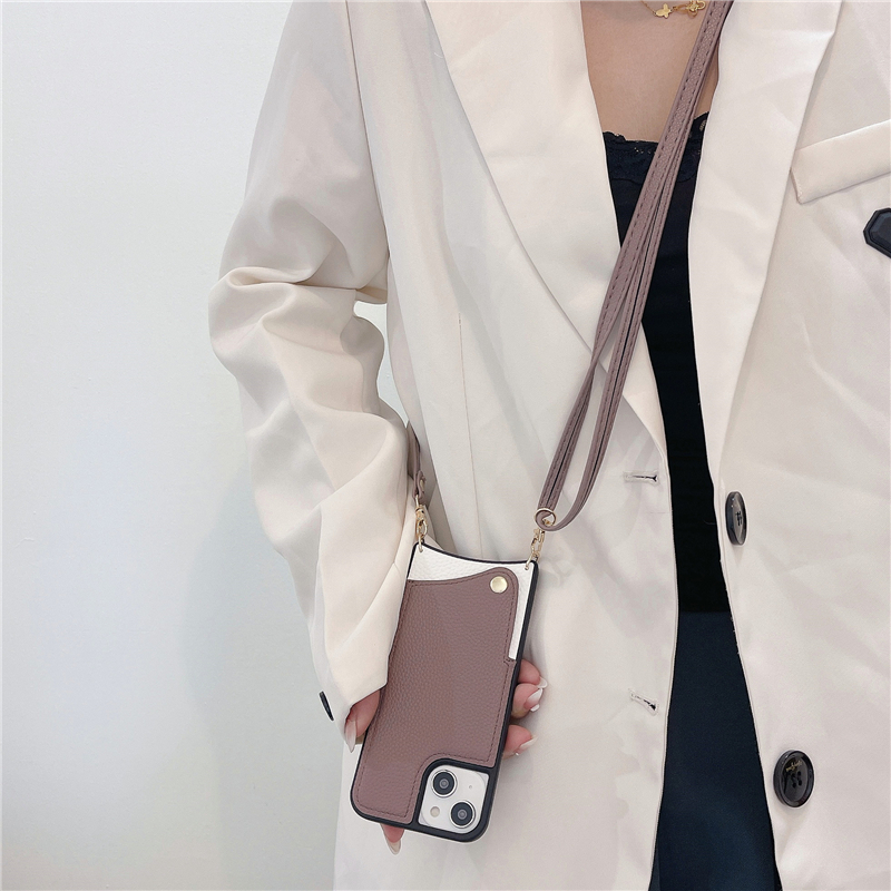 Étui de téléphone Vogue à motif litchi en chaîne pour iPhone 14 13 12 11 Pro Max XR XS Durable réglable avec lanière et fente pour carte patchwork en cuir portefeuille pochette arrière