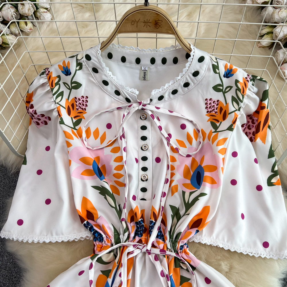 2023 Casual Dresses Designer Runway Summer Mini Dress Women's Bow Tie O-Neck Short Sleeve Lace Trims Gorgeous Dots Printed Drawstring Dress