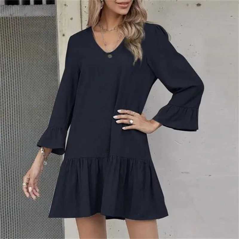 Urban Sexy Dresses Women Solid Color Dress Lady Loose Sundress Sundress Casual V Neck Long Sleeve A-Line Cotton Linen Dresses9aro