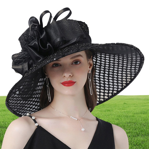 Fs paarse dames fascinator hoeden bruiloft voor vrouwen bloem grote brede runder fedora organza hoed kerk 2112275256022