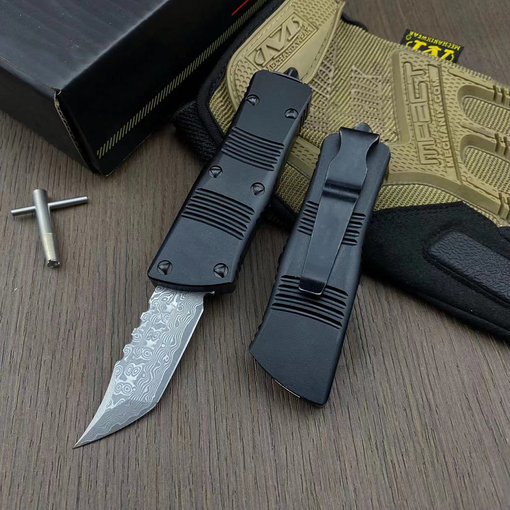 Högkvalitativ liten MT UT Auto Tactical Knife VG10 Damascus Steel Blade CNC 6061-T6 Handtag EDC Gift Knives med nylonpåse