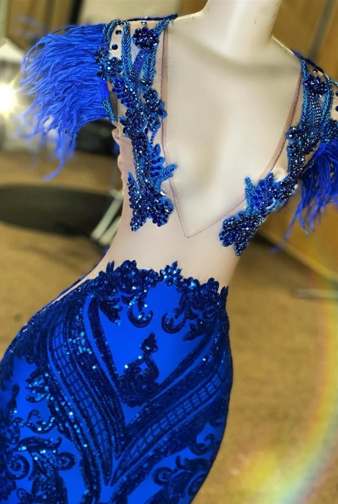 2023 Sparkly Royal Blue Prom Dress For Women Glam Sequin Black Girls Long Evening Gowns Birthday Party Dresses Robes