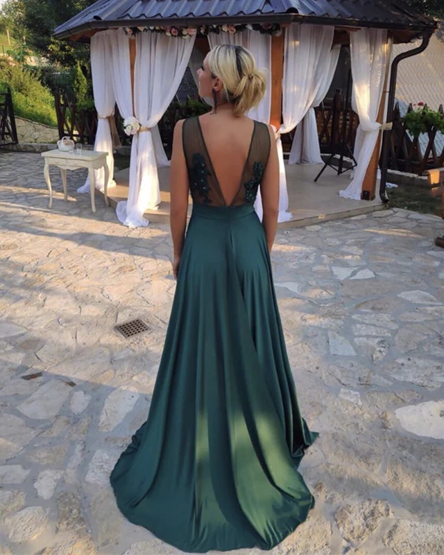 Arabic Aso Ebi Dark Green Chiffon A Line Bridesmaid Dresses Sexy V Neck Backless Maid Of Honor Gowns 3D Flowers Lace Beaded Long Split Wedding Guest Party Dress CL2905