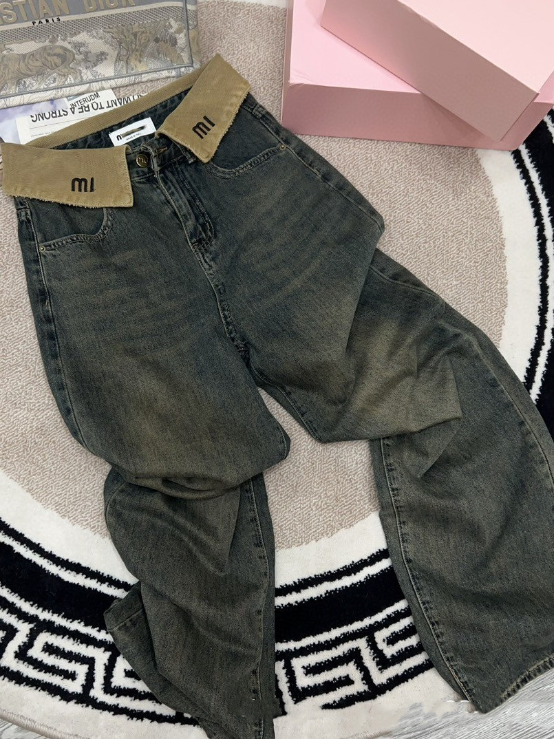 Femme denim kaki revers rétro en détresse bleu foncé jean lettre logo brodé peluche denim décontracté pantalon droit