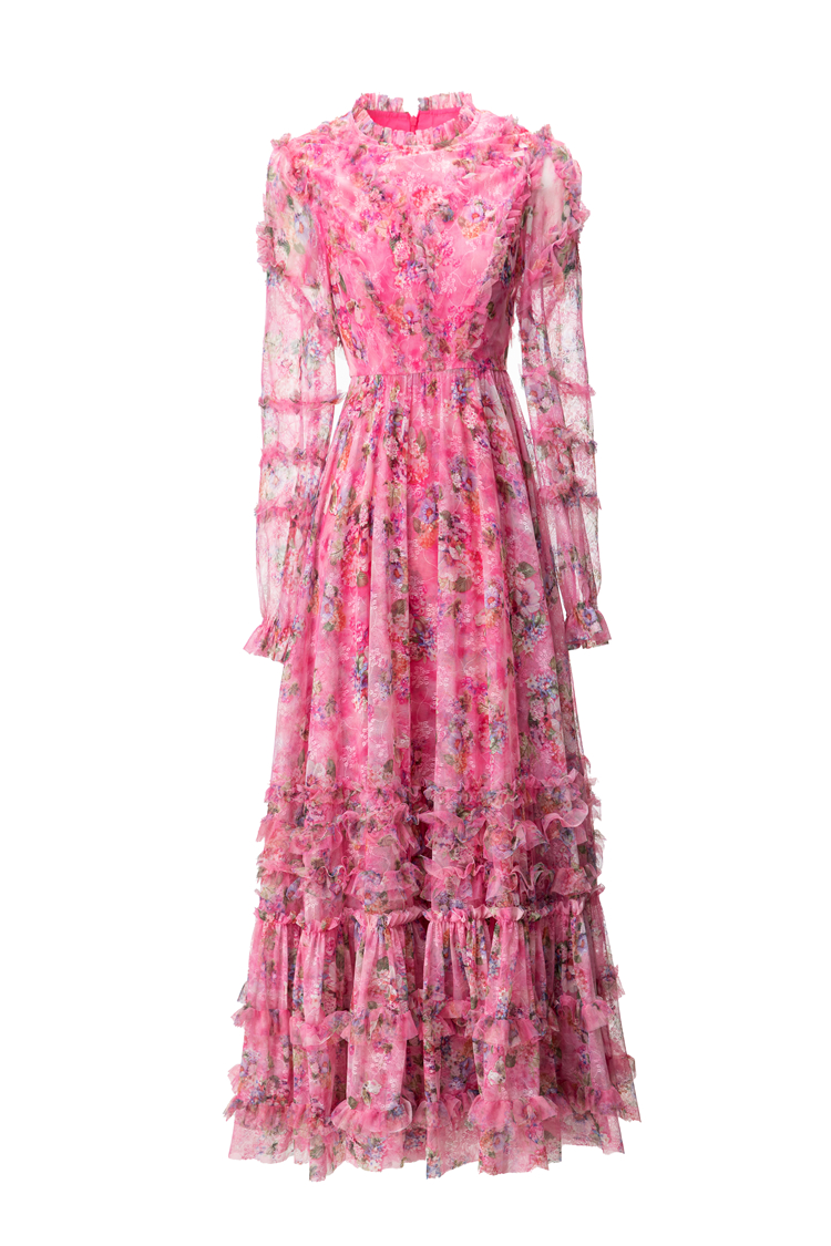 Runway-jurken voor dames O-hals met lange mouwen Bloemenprint Ruches Gelaagde elegante High Street Designer Roze Galajurken
