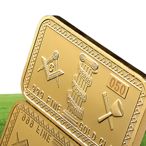 Masons Mason Challenge Coin Golden Bar Craft 999 İnce Altın Kaplamalı Kaplamalı 3D Tasarım