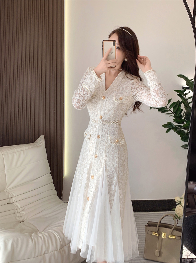 2023 Casual Dresses Runway Autumn Lace Splicing Mesh Mermaid Dress Elegant Women V Neck Beaded Floral Embroidery Slim Party Vestidos With Pearl Belt