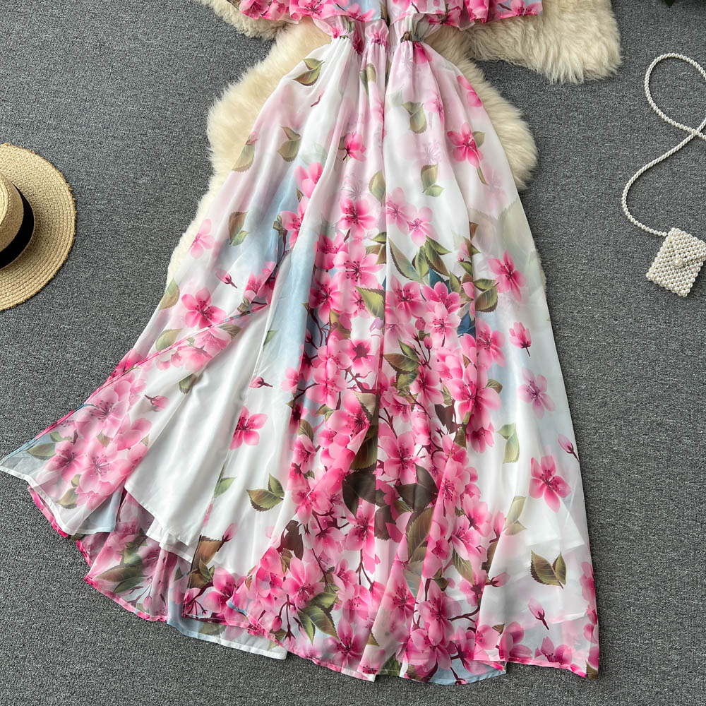 Casual Dresses Pink New Casual A Line Short Sleeve Solid Slim Full Lady Dress Chiffon High Waist Pullover Mid-Calf Women Dresses 2023