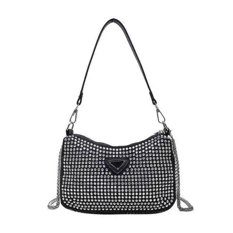 2024 New Designer women's crossbody shoulder selling hot drill underarm Rhinestone glittering French stick messenger chain bag